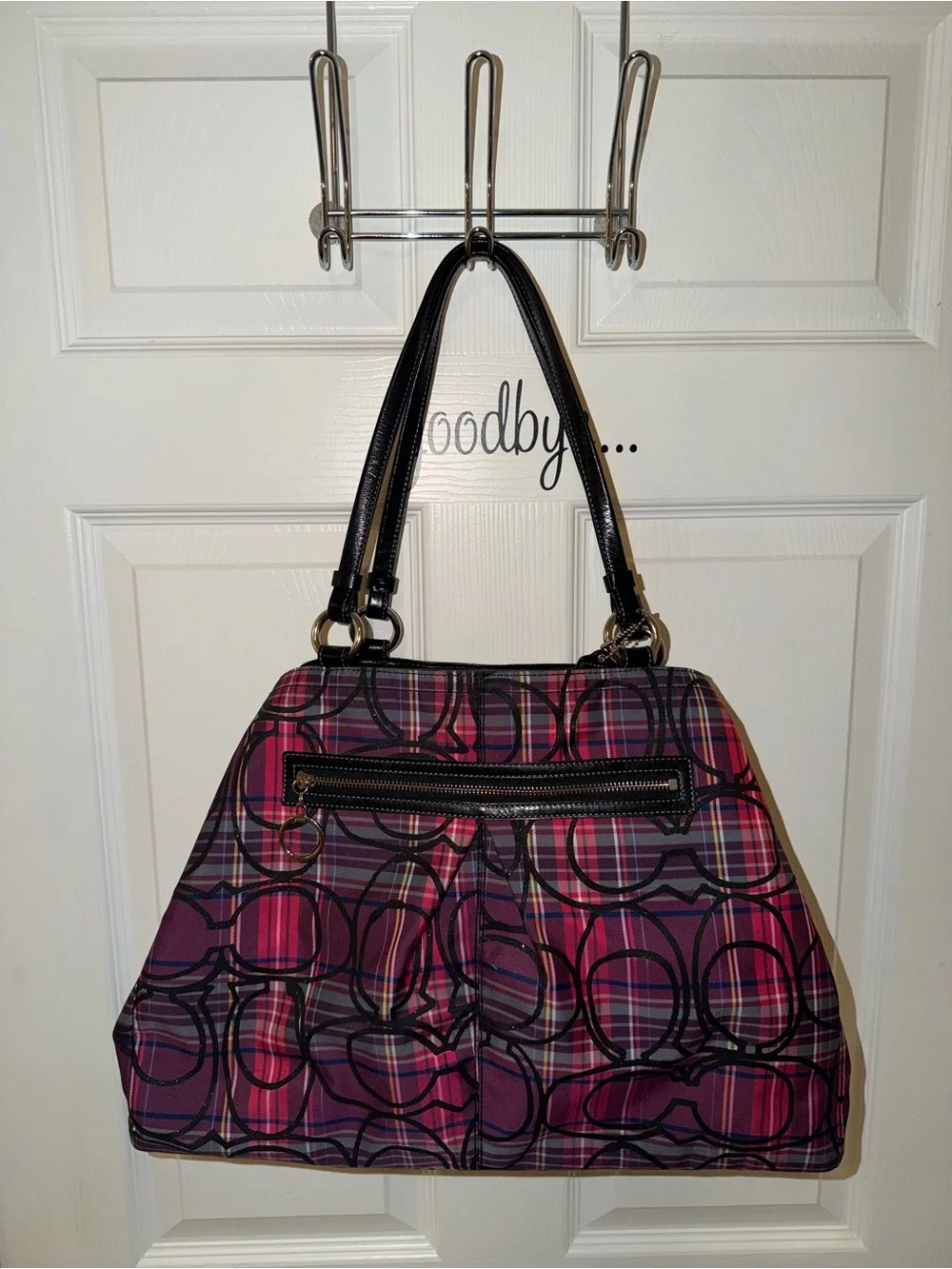 Coach Poppy Plaid Tartan Glitter Carryall Tote Bag/ Purse in Pink/Purple/Black